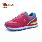 骆驼（CAMEL）新款女鞋 反绒皮拼接网布绑带运动风休闲鞋 桃红/蓝 35